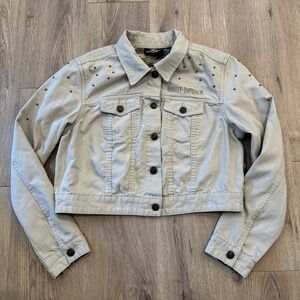 Harley Davidson Womens XL Khaki Denim Jacket Studded Cropped Trucker Style EUC